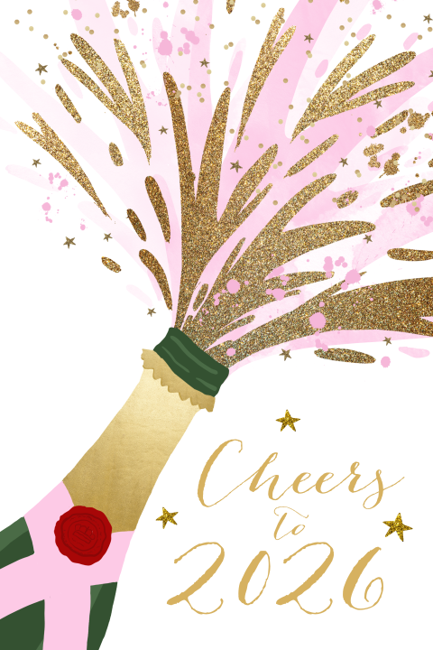 Uitnodiging nieuwjaarsborrel champagnefles hip glitterlook