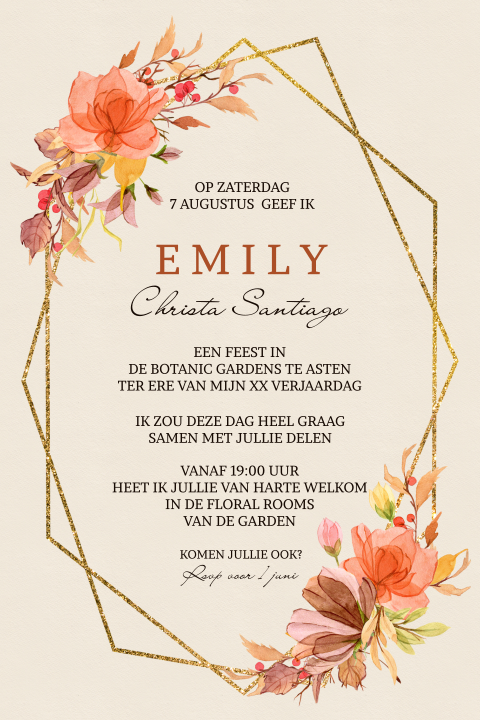 Uitnodigingen herfst 40e verjaardag goud geometrisch figuur en bloemen