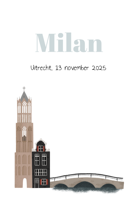 Sfeervol geboortekaartje voor een jongen met gebouwen uit Utrecht