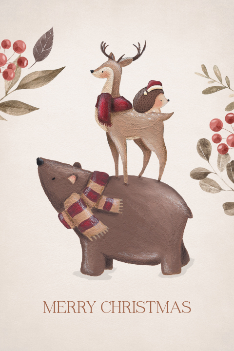 Kerstkaart met getekende dieren