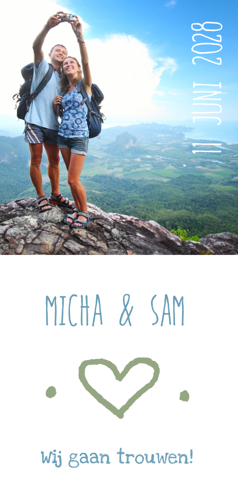 Trouwkaart foto en hart groen en blauw