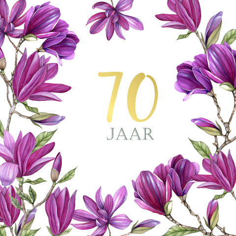 Uitnodiging 70ste verjaardag met paarse magnolia bloemen