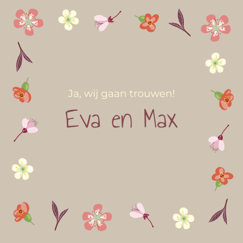 Trouwkaart met losse bloemen in kleuren in roze en rood