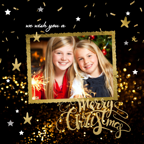 Foto kerstkaart met goud glitter en sterren