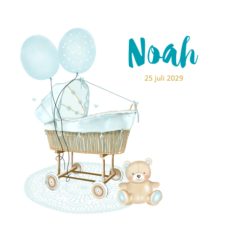 Lief geboortekaartje voor een jongen met wiegje ballonnen beertje
