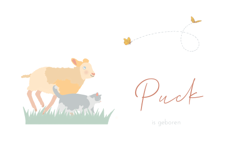 Geboortekaartje schaap en poes unisex met lammetje en vriendjes