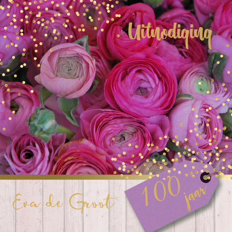 Uitnodiging 100 jaar verjaardag met prachtige bloemen en goud