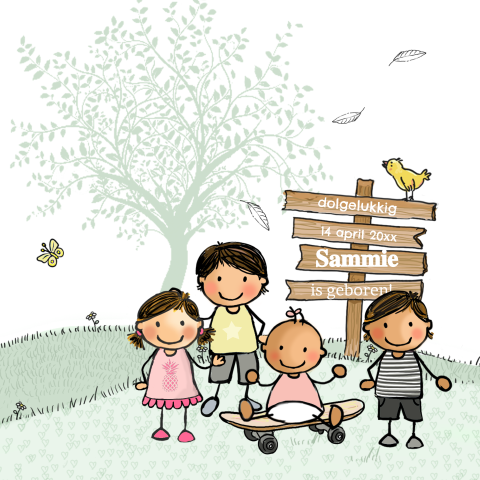 Getekend geboortekaartje meisje 4e kindje lente