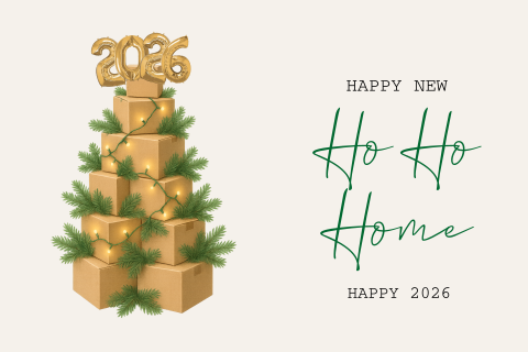 Kerst verhuiskaart grappig met verhuisdozen als kersboom