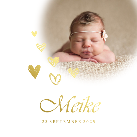 Geboortekaart foto met hartjes goudfolie meisje