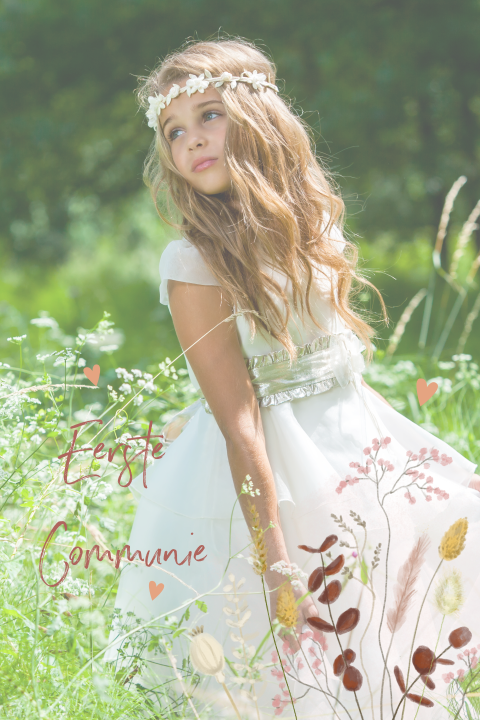 Hippe uitnodiging eerste communie met bloemen