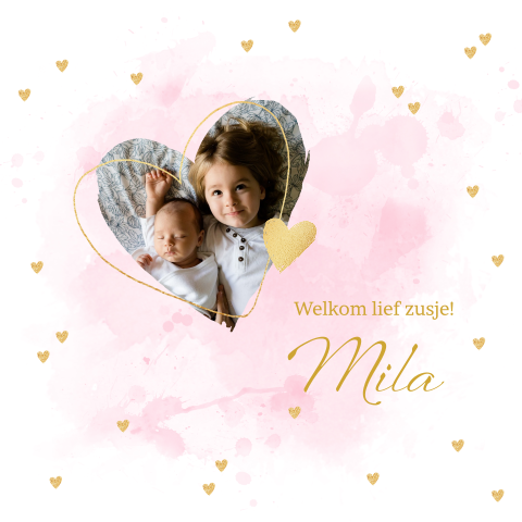 Geboortekaartje zusje met een foto in een hartje.