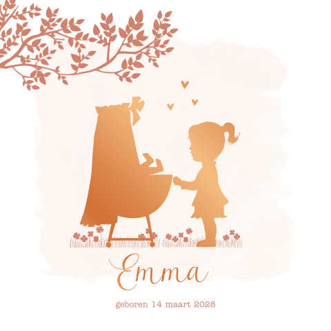 Profiel geboorte kaartje meisjes wiegje met zus koperfolie