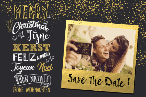 Save the date kerstkaart goud en handlettering