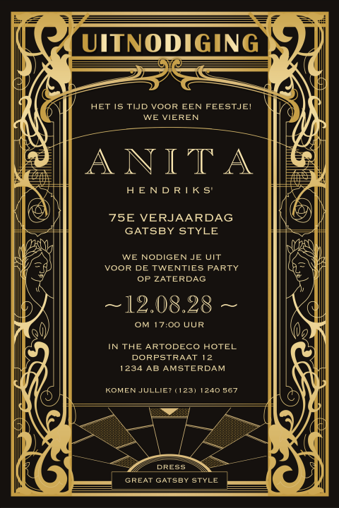Great Gatsby verjaardagsuitnodiging 75 jaar Art Deco stijl