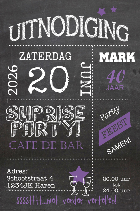 Uitnodiging schoolbord surprise party 40 jaar