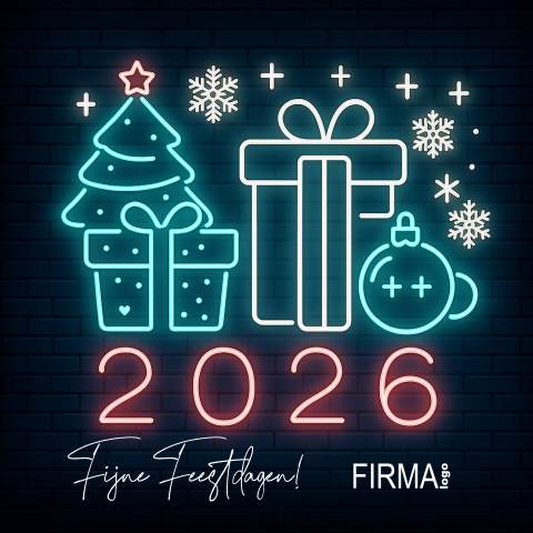 2026 kerstkaart neon lampjes op een zwarte muur