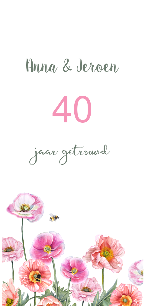 Jubileum 40 jaar getrouwd uitnodiging met klaprozen