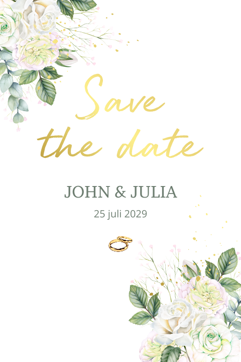 Save the date uitnodiging met witte rozen en goudfolie