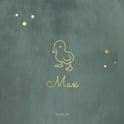 Geboortekaartje met een klein eendje in goudfolie