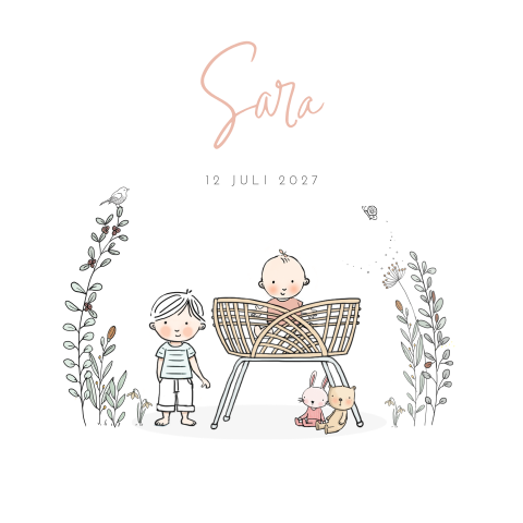 Geboortekaartje baby meisje en broer in rotan wiegje met takjes