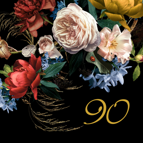 Verjaardagsuitnodiging 90 jaar met bloemen 