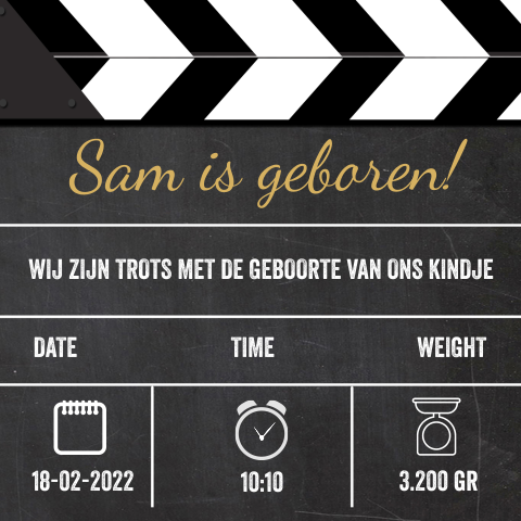 Geboortekaartje als filmklapper voor een jongen