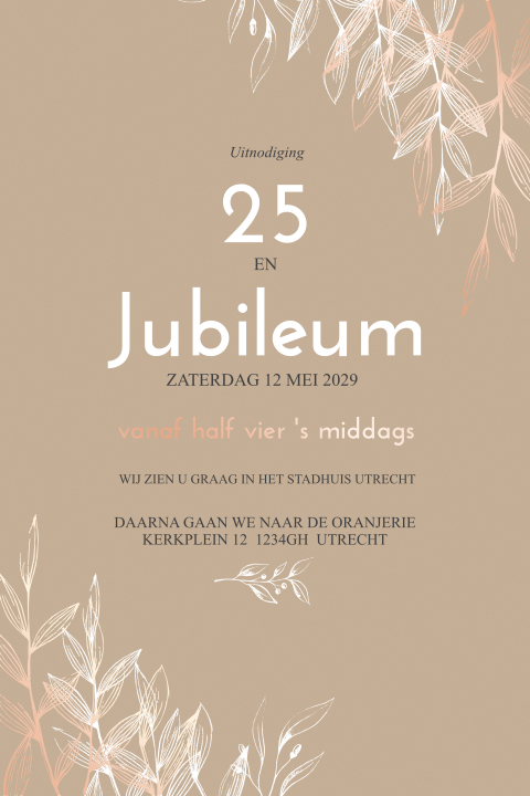 Jubileum uitnodiging takjes met bladeren in foliedruk