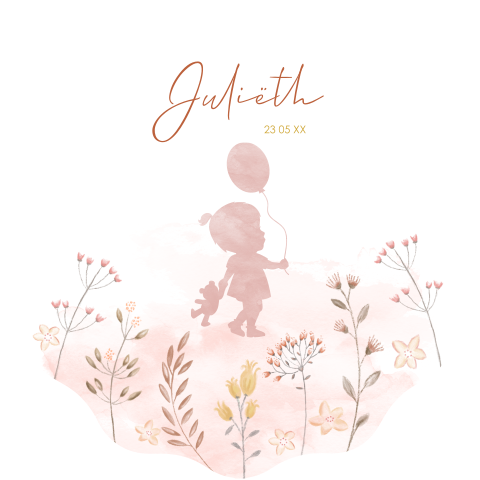 Lieve bloemvorm geboortekaart met silhouet en waterverfbloemen