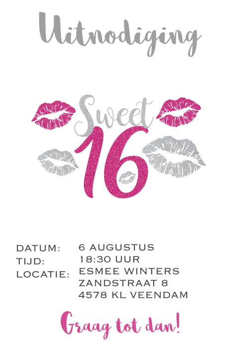 Uitnodiging sweet 16 party met kusjes