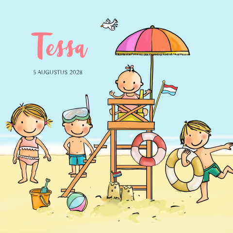 Geboortekaartje meisje 4e kindje strand met broertjes en zus