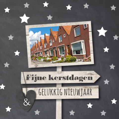 Combi verhuis en kerstkaart krijtbord wegwijs borden en foto