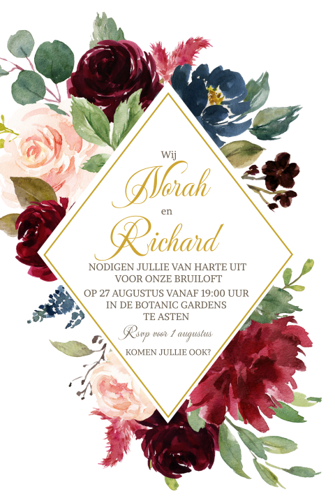 Uitnodiging voor huwelijk met prachtige rozen bordeaux rood