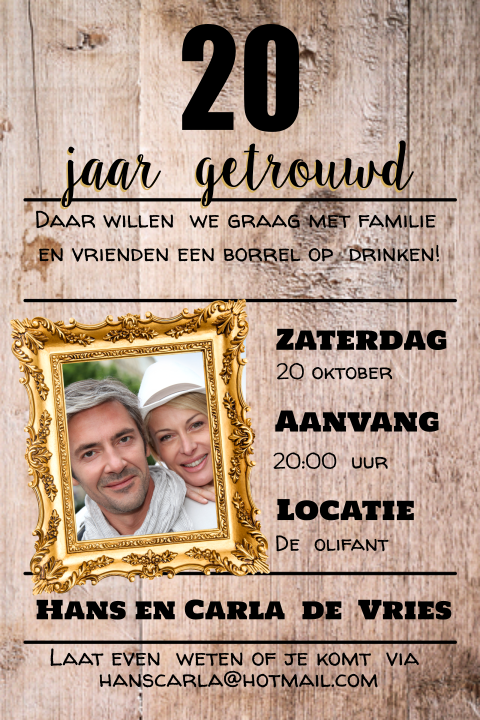 Uitnodiging voor een 20 jarig jubileum met hout en fotolijst