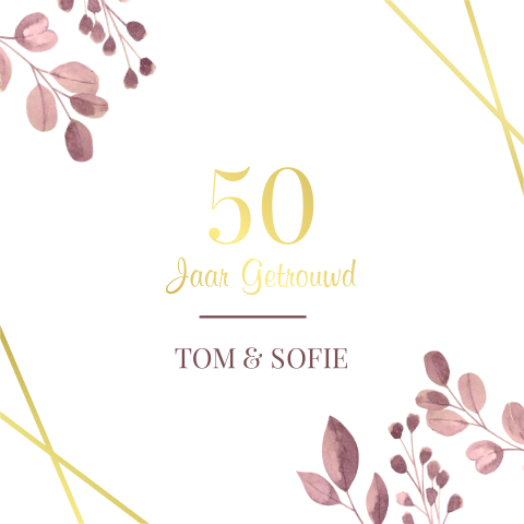 50 jaar getrouwd uitnodiging bloemen en geometrische goudfolie