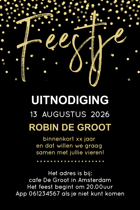 Uitnodiging voor een verjaardag met goudlook confetti
