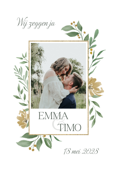 Trouwkaart met foto en met goudkleurig kader
