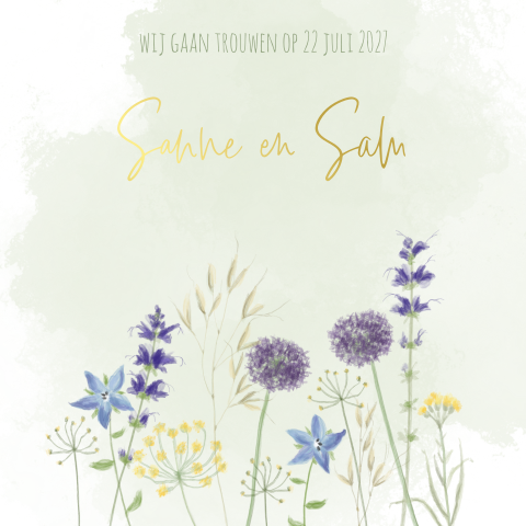 Trouwkaart bloemen paar en geel op groene aquarel met foliedruk