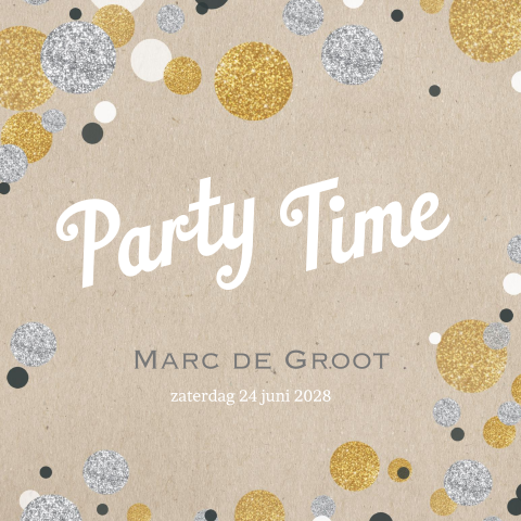 Uitnodiging feestje met confetti in zilver en goudlook