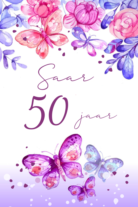 50 jaar uitnodiging paars roze met vlinders en bloem