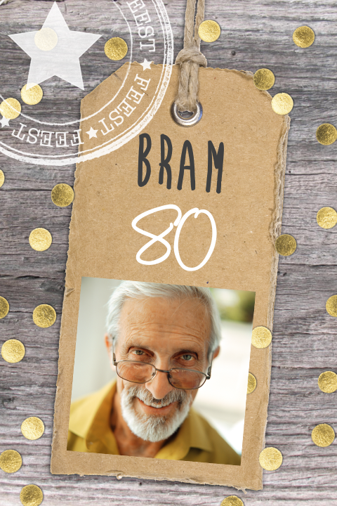Uitnodiging 80ste verjaardag feest met hout en gouden confetti