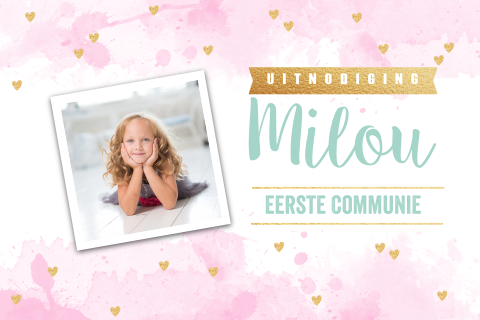 Uitnodiging eerste communie met hartjes en aquarel