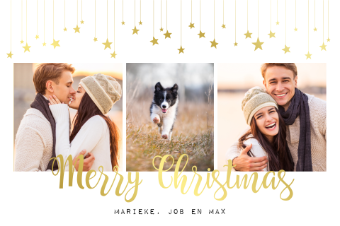 Kerstkaart fotocollage met goudfolie tekst en sterren