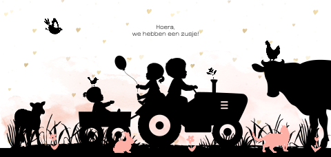 Lief geboortekaartje met broer en zus op de tractor