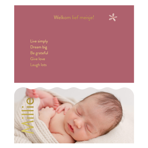 Tweedelig stapelkaartje met babyfoto en goudfolie