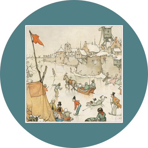 Sluitzegel met een afbeelding van Anton Pieck met schaatsende mensen