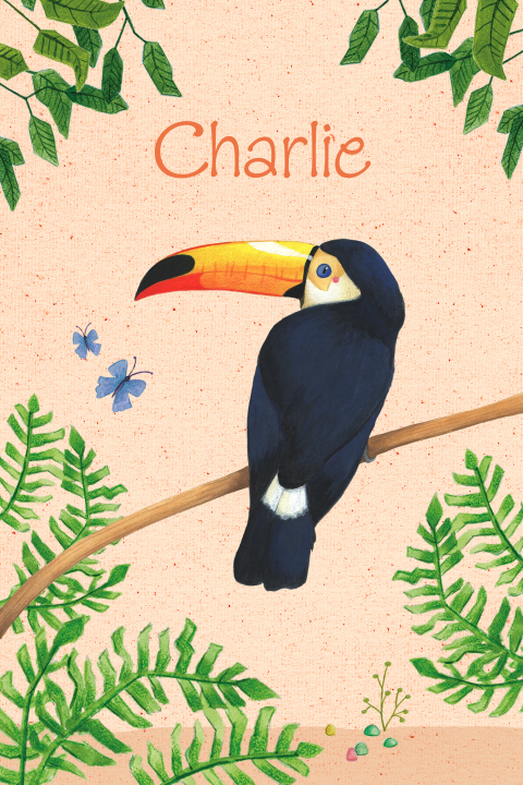Geboortekaartje voor een meisje met toekan en bladeren