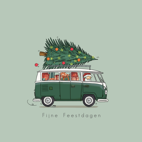 Getekende kerstkaart met VW-busje groen