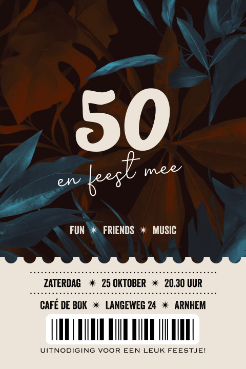 Verjaardagsuitnodiging 50 jaar ticket met bladeren