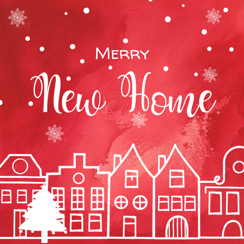 Kerst verhuiskaart met huisjes, kerstboom, merry new home
